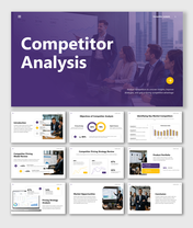 Competitor analysis presentation with insights, pricing strategy, key competitors, market opportunities, and data visuals.