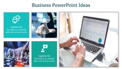 Business PowerPoint slide with tech and analysis visuals on a laptop with caption spaces.