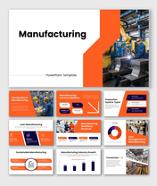 Manufacturing slides with orange theme, factory robot visuals, charts, stats, icons, and clean layouts for clear insights.