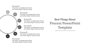 A circular flow diagram featuring six numbered process stages, each with captions and placeholder text.