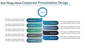 Infographic with a hexagonal top section branching into nine paired segments in varying blue shades, labeled as designs.