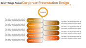 Corporate flowchart featuring a hexagon at the top with two columns of gradient boxes, each labeled with designs.