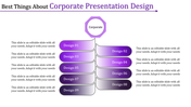 Corporate presentation slide with a purple hexagon at the top, leading to stacked gradient boxes labeled design 01 to 09.