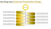 Corporate presentation structure with nine designs listed in gradient blocks beneath a central hexagon.
