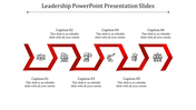 Leadership PowerPoint slide with content and red arrows featuring icons with captions.