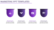 Four purple droplet shaped icons with white symbols, each labeled below with marketing captions on a white background.