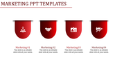 Marketing PowerPoint slide with four red icons representing teamwork, partnerships, personal identity, and growth with text.