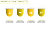 Four yellow droplet shaped icons with white symbols, each labeled below with marketing captions on a white background.