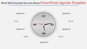 Analog clock design in a slide, displaying five agenda items and breaks positioned around the clock.