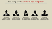 Silhouette icons of five executives displayed side by side, each labeled and with placeholder text areas.