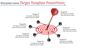 Target template with a red bullseye in the center, a large dart hitting the center, and six black darts around.