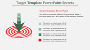 Illustration of a red target with concentric circles and a downward green arrow, alongside a color-coded steps.