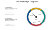 Dashboard slide with a speedometer gauge in red, blue, yellow, and teal, and text bullet points on the left.