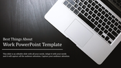 Professional work themed PowerPoint template featuring a close up of a laptop keyboard on a dark wooden desk.