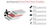 Illustration of a figure climbing a staircase with red highlighted step and icons for five steps on the right.
