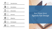 Split layout with a list of agenda items on the left paired with a blue themed overlay on the right.