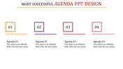 Agenda layout with four numbered squares and matching horizontal lines in different colors  each paired with captions.