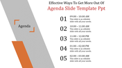 Agenda PPT slide with time based sections from morning to evening with placeholder text.