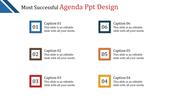 Agenda PowerPoint design with six numbered sections in colorful boxes and captions.