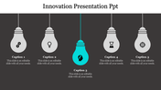 Innovation themed slide featuring five lightbulbs, each with an icon, with the central lightbulb illuminated in blue.