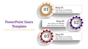 Slide with three gears in yellow, purple, and red, numbered 01 to 03, each paired with descriptions on a white background.