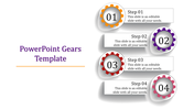 Gears PPT template with colorful gears representing steps in a process, numbered 01 to 04 with placeholder text.