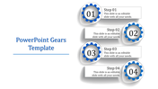 Visual template displaying four blue gear icons vertical, each labeled with step numbers and detailed caption areas.