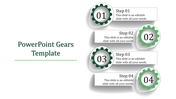 Four step PowerPoint template with green gears and captions for process presentation.