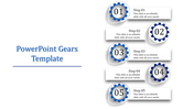Gears-themed slide with numbered blue gears from 01 to 05, aligned with placehoder text areas for step details.