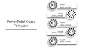 Gears PPT template featuring five steps with numbered gears in black and white with placeholder text.