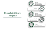 Vertical sequence of five green gears numbered 01 to 05, each paired with placeholder text boxes for steps.