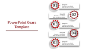 Gears design PPT slide with five numbered gears in red and white, illustrating steps in a process.