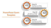 Orange-themed three-step gear design featuring numbered gears and editable captions for steps 1, 2, and 3.