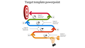 Colorful target PowerPoint slide with four sections, each having a label and arrow design.