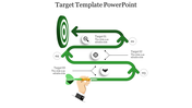 A green arrow path connecting three steps with circular icons, leading to a bullseye target on a white background.