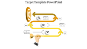 Yellow themed target PowerPoint template with three sections and a dart graphic.