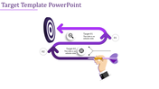 A purple arrow path connecting two steps with circular icons, leading to a bullseye target on a white background.
