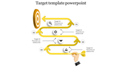 Target PowerPoint slide with yellow arrows and icons leading to four sections, featuring a dart.