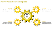 PowerPoint template featuring four yellow gears labeled A, B, C, D, with a central gear containing a lightbulb.