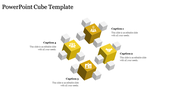 Four central yellow cubes showcasing icons for strategy, teamwork, and analysis, connected to neutral white cubes.