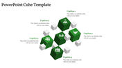 A PowerPoint slide featuring green and gray cubes with captions, each representing different business concepts and icons.
