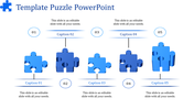 Five step puzzle template in blue shades, with numbered captions and vertically aligned connections.