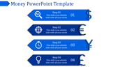 Money-themed template with four blue banners, each featuring a white placeholder icon and a bold currency symbol.