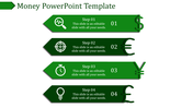 Green themed money PowerPoint template showing four steps with icons for analysis, target, timing, and ideas.