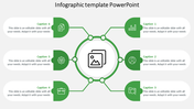 Circular infographic PowerPoint template with green icons and captions connected to a central image placeholder.