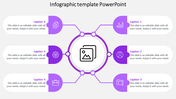 Circular infographic template with six sections connected to a central icon, each with captions and related symbols.