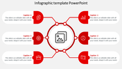 Infographic layout with six red circular shapes around a central image icon, connected by lines on a light background.