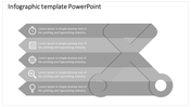 Infographic slide with overlapping five gray ribbon like layers arranged vertically with white icons on a light background.