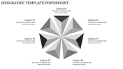 Black and gray pointed infographic design with seven labeled captions placed evenly around the central shape.