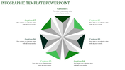 Modern infographic with eight pyramid triangular shapes in a radial layout, alternating green and gray, with captions areas.